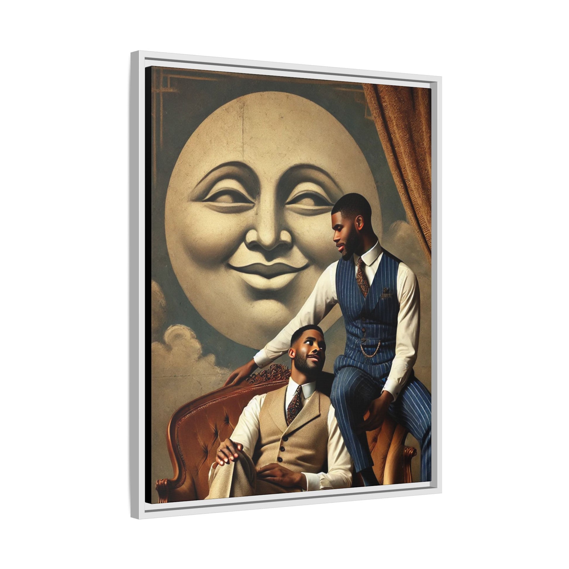 An elegant portrait of two Black men in vintage suits, seated affectionately beneath a smiling full moon. This 1920s-inspired artwork reclaims lost LGBTQ history, honoring Black queer love through style, softness, and resilience.
