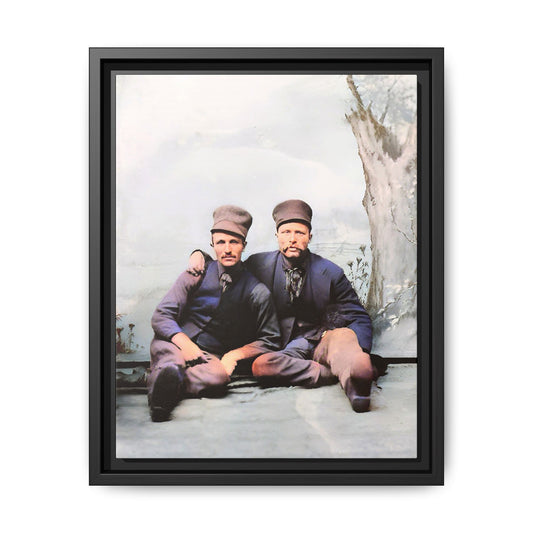 A restored vintage portrait of Stig & Sven, a Dutch American couple in Orange City, Iowa. This framed matte canvas honors LGBTQ+ history, resilience, and love in a winter setting. Gay Couple