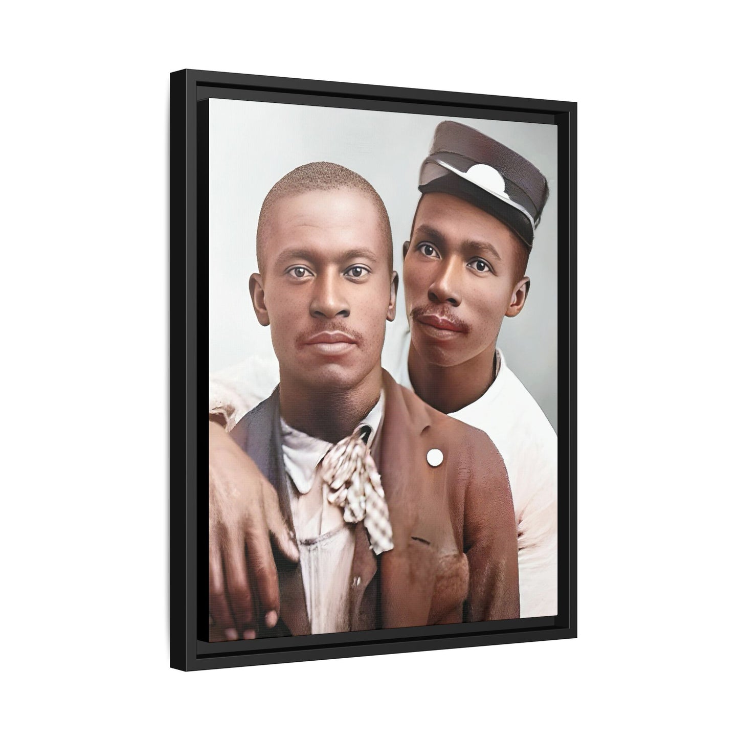 A restored vintage portrait of Willie & Louis at Metro-North Railroad in Harlem, New York. This framed matte canvas celebrates LGBTQ+ history, African American heritage, and timeless love. Gay Couple