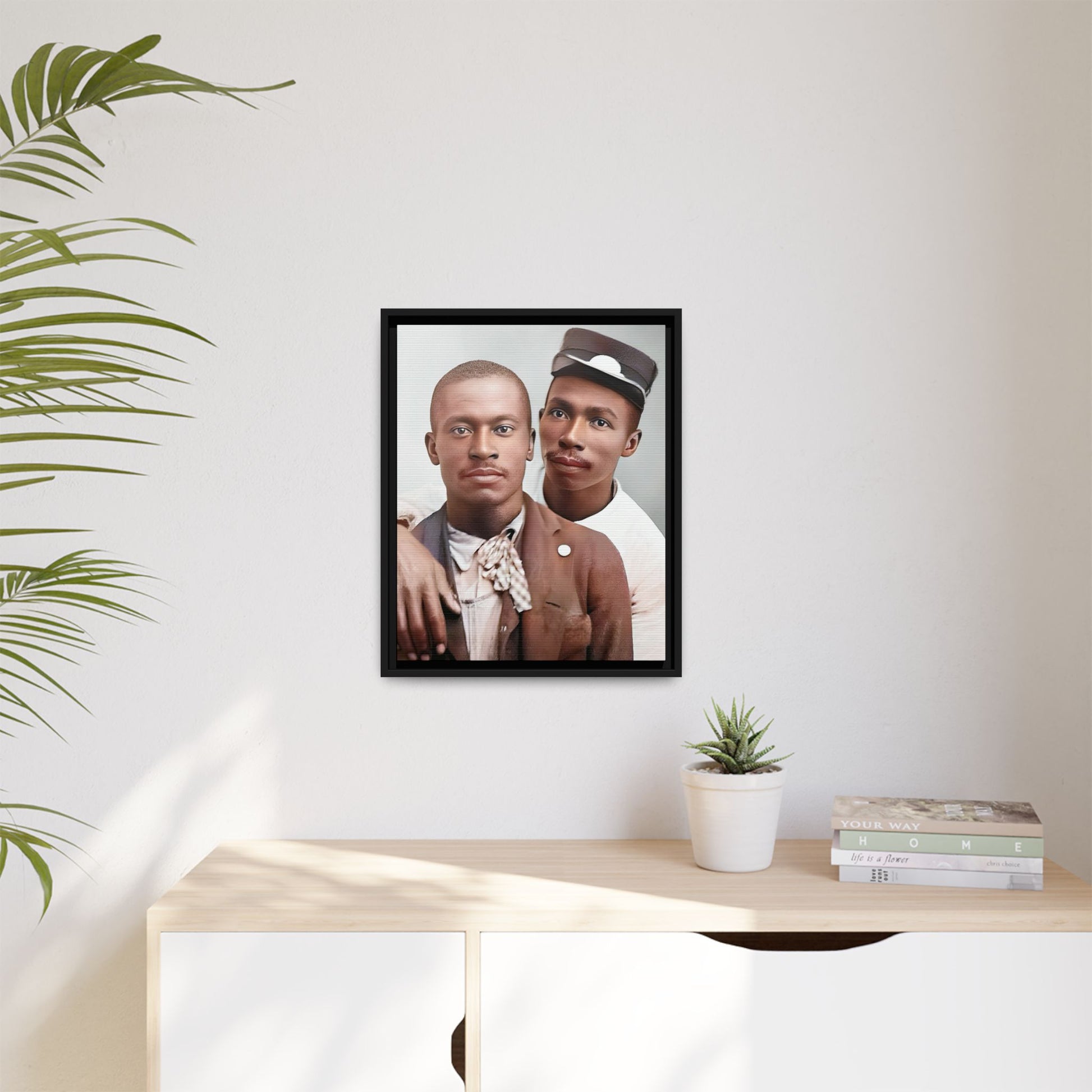 A restored vintage portrait of Willie & Louis at Metro-North Railroad in Harlem, New York. This framed matte canvas celebrates LGBTQ+ history, African American heritage, and timeless love. Gay Couple