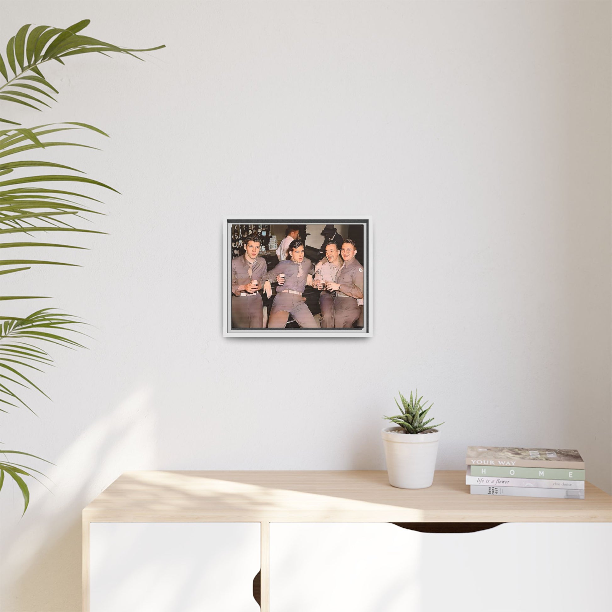 Restored vintage photograph of soldiers in uniform gathered at Jackson's gay bar in mid-20th century San Francisco. Framed matte canvas print celebrating camaraderie, resilience, and LGBTQ+ history