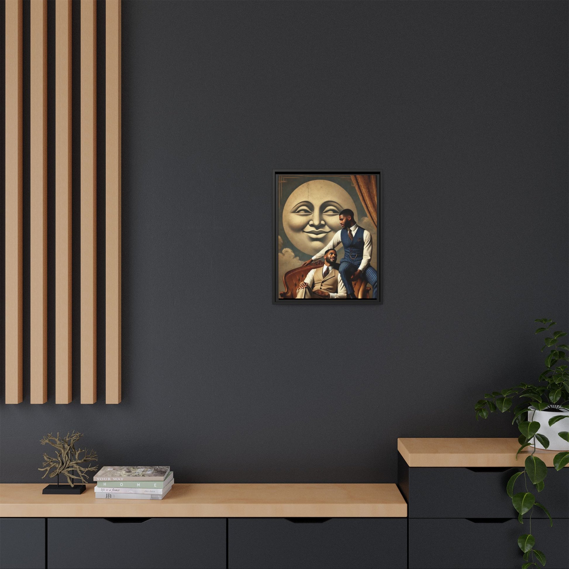 An elegant portrait of two Black men in vintage suits, seated affectionately beneath a smiling full moon. This 1920s-inspired artwork reclaims lost LGBTQ history, honoring Black queer love through style, softness, and resilience.
