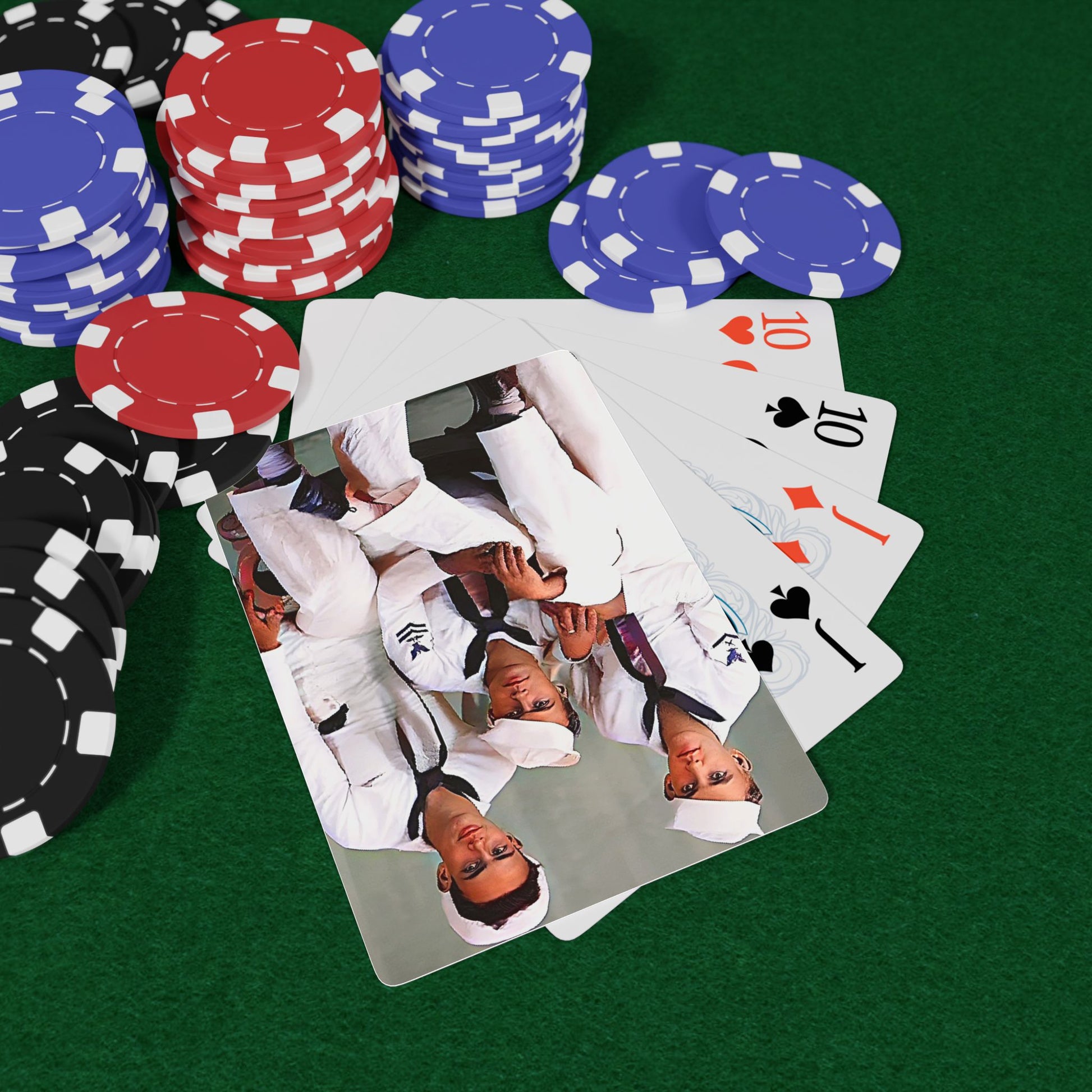 Vintage poker cards with a restored photo of three sailors in Navy uniforms, celebrating LGBTQ+ military history.