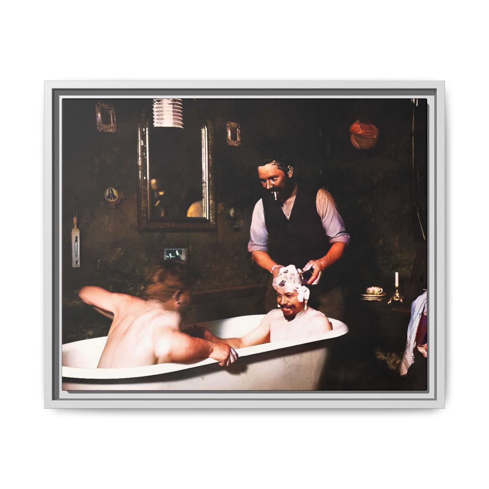 Restored vintage photo of camaraderie at Walsh Depot, Battle Mountain, NV, featuring a clawfoot tub, and framed canvas art. Naked Men in the bathtub. Gay Bears