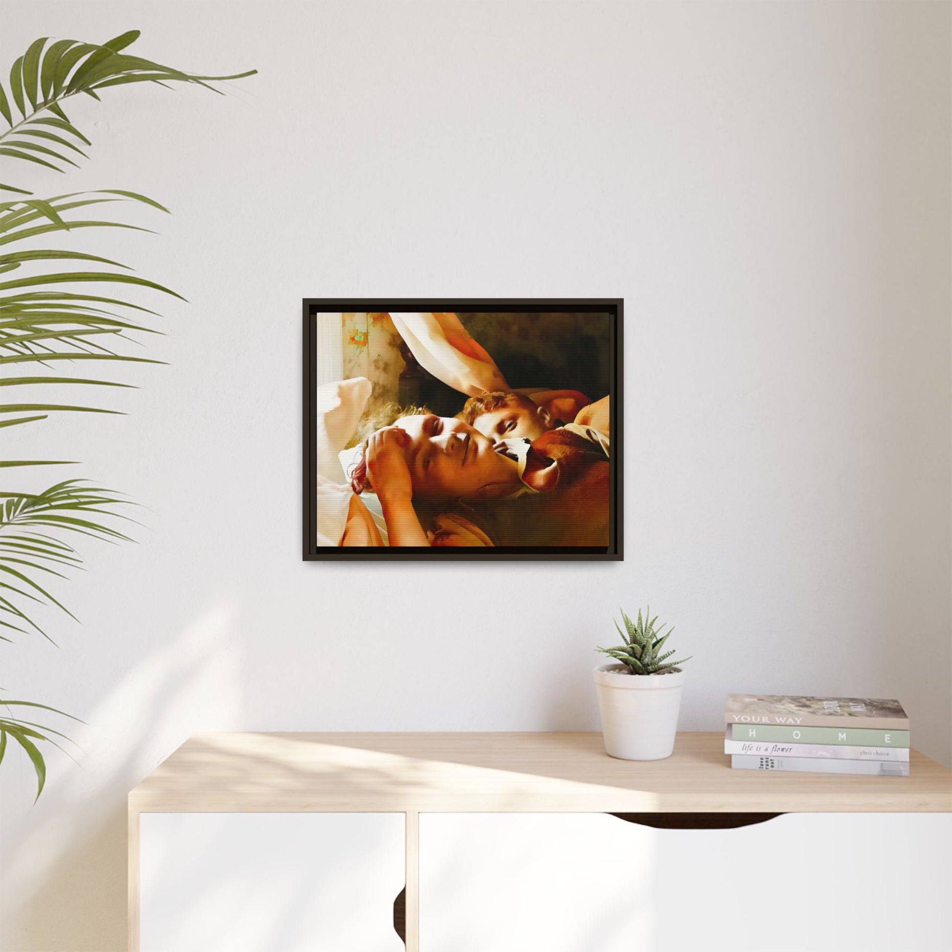 A heartwarming vintage portrait of Edwin and Floyd in Burlington, Vermont. This framed canvas print captures a quiet moment of LGBTQ+ love and intimacy, perfect for home decor, collectors, or as a sentimental gift celebrating timeless affection.