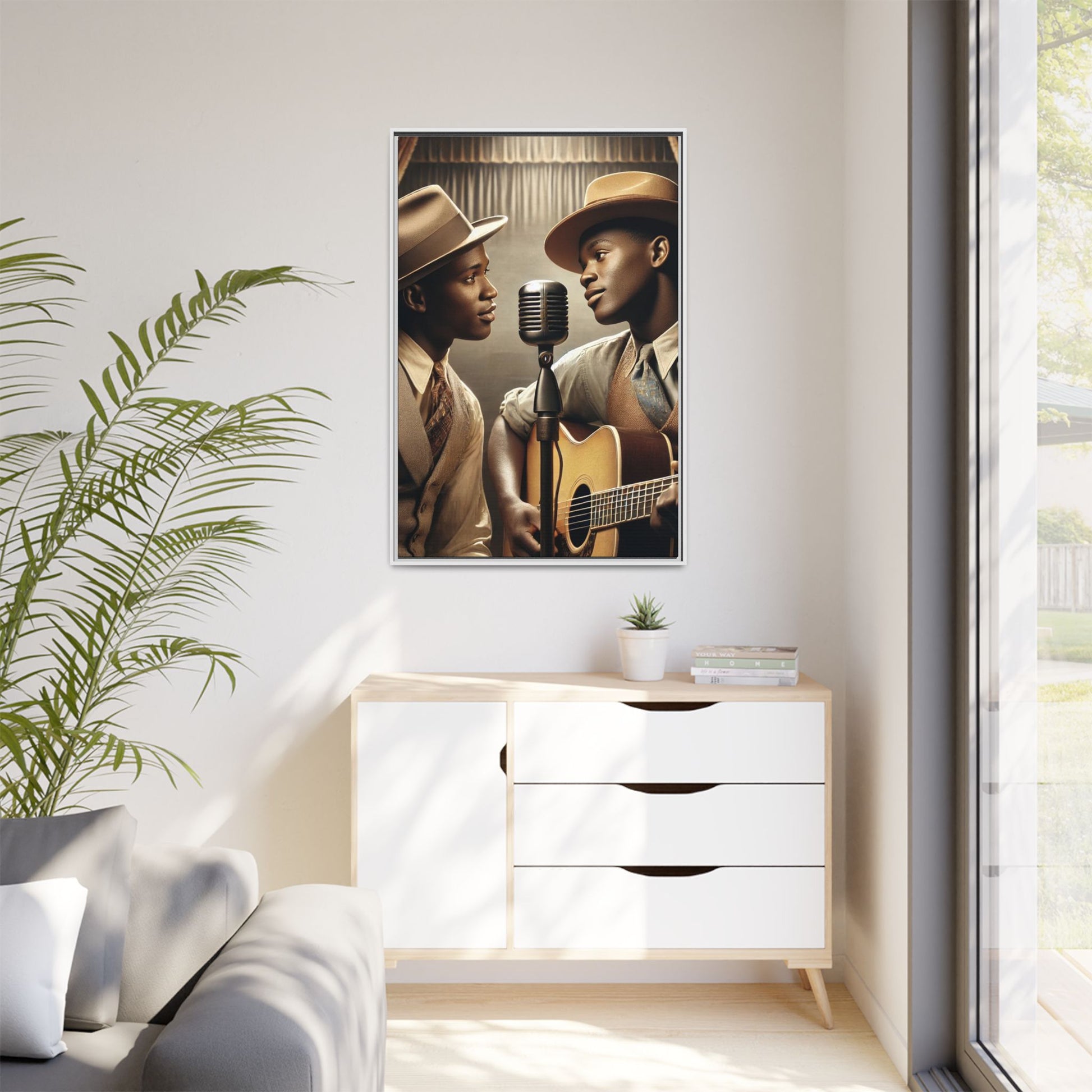 Artwork of an African-American gay couple recording a song in a 1930s-style studio. Dressed in vintage attire with fedoras and ties, they share a close, tender moment around a classic microphone, capturing love, music, and cultural heritage in a nostalgic setting