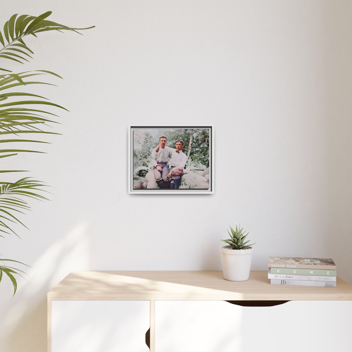 A framed vintage love portrait on matte canvas featuring Grover and Emil in Villamont, Virginia, capturing timeless LGBTQ+ connection and companionship. Gay Couple
