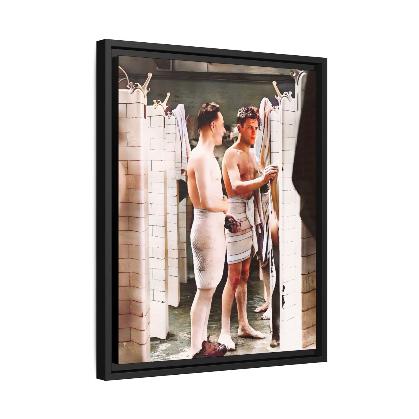 A restored and colorized vintage photo of Everard Baths in Manhattan, NYC. This framed matte canvas print celebrates LGBTQ+ history, capturing the spirit of camaraderie, liberation, and hidden stories from the past.