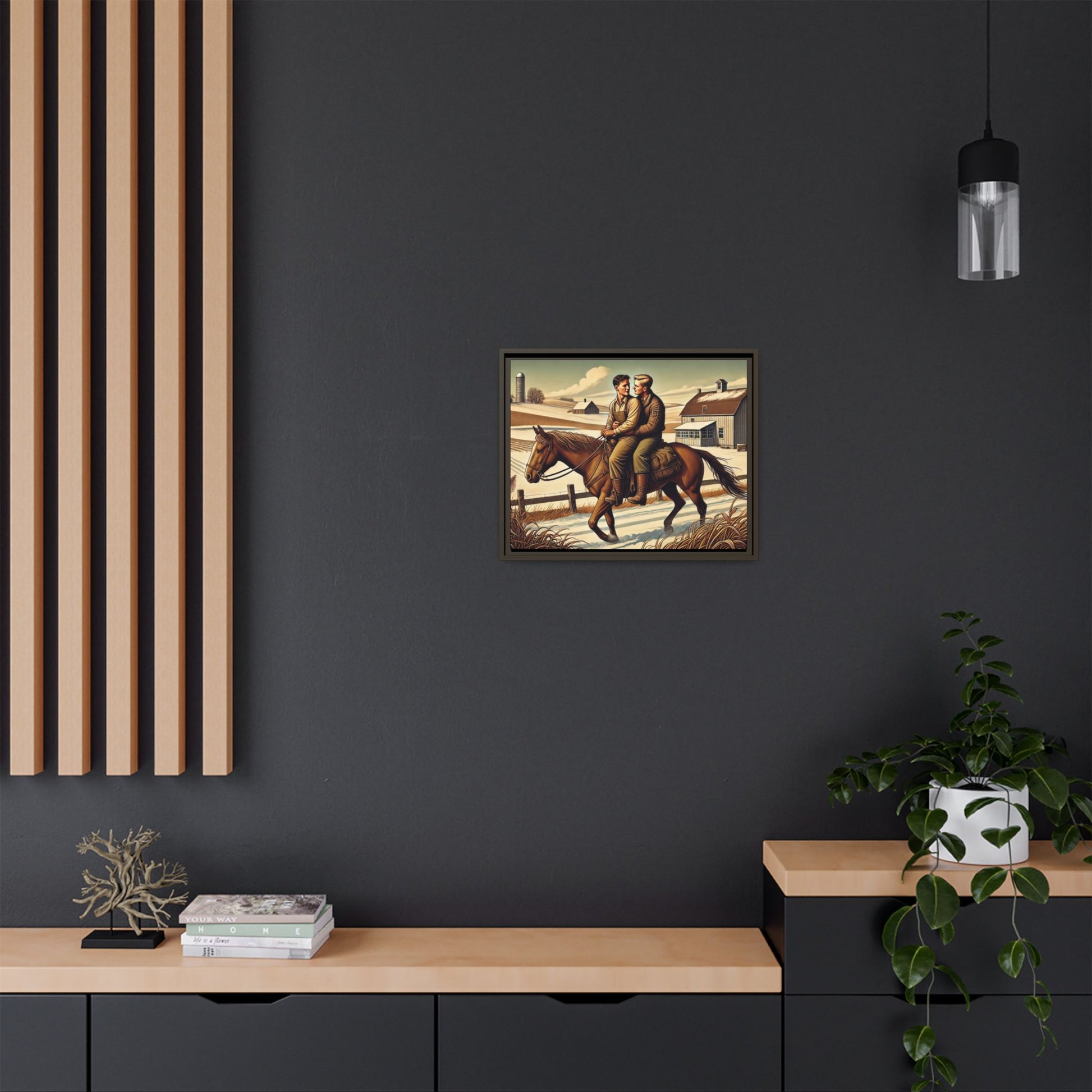 Artwork of a gay couple sharing a tender moment while seated together on a single horse in a snowy, rural Midwestern landscape. Dressed in early 20th-century attire, the men gaze at each other warmly, capturing love, resilience, and companionship in a serene 1930s-inspired American scene