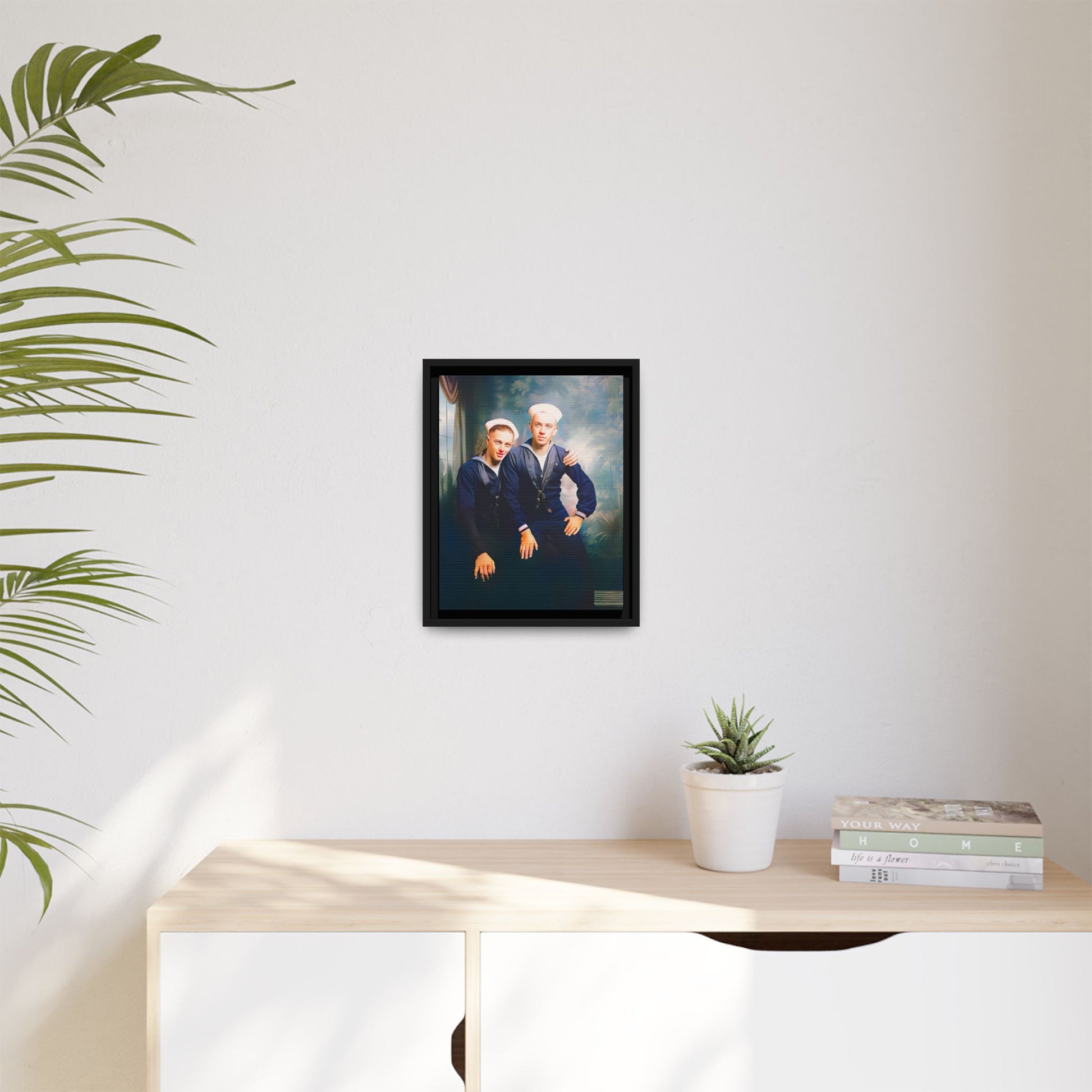 A restored vintage naval portrait of Thomas & Ervin at Naval Station Newport, Rhode Island. This framed matte canvas honors LGBTQ+ history, military service, and timeless camaraderie. Gay Couple