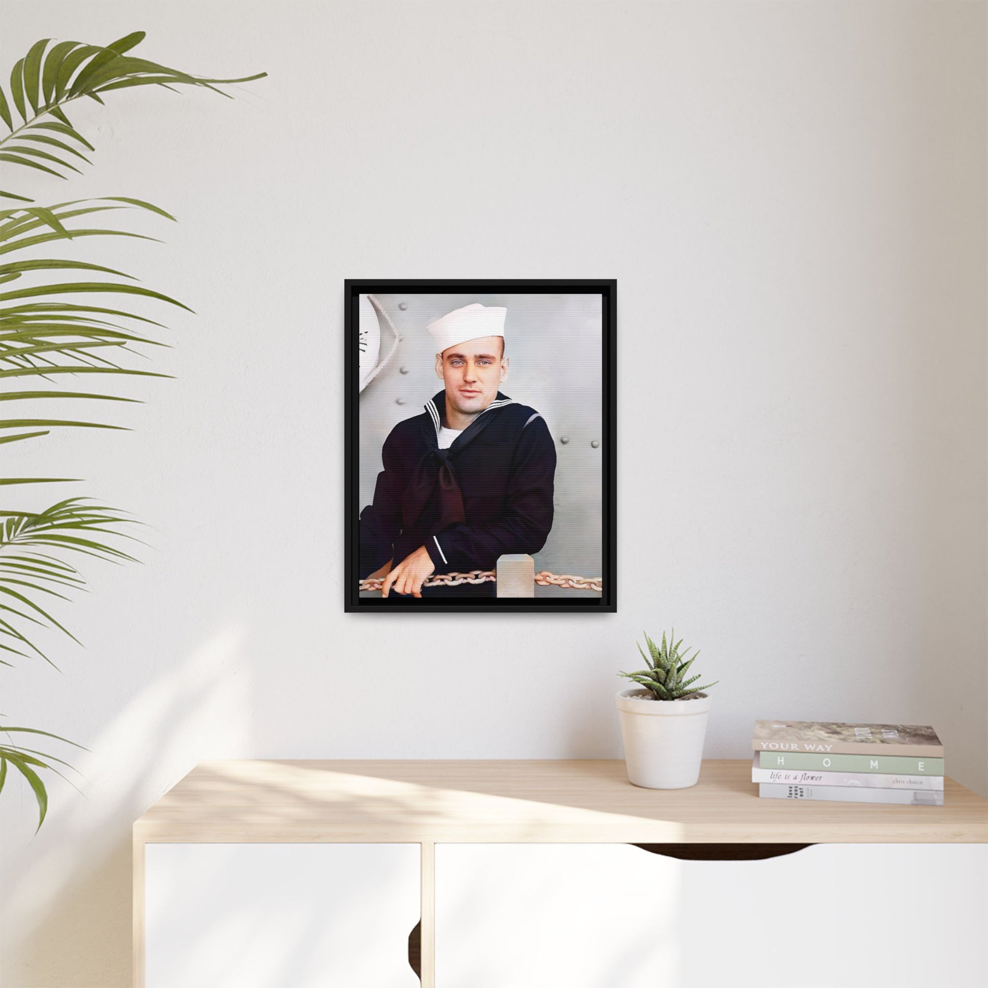 A restored vintage portrait of Francis aboard the USS Might. This framed matte canvas captures naval history, service, and timeless duty.