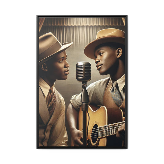 Artwork of an African-American gay couple recording a song in a 1930s-style studio. Dressed in vintage attire with fedoras and ties, they share a close, tender moment around a classic microphone, capturing love, music, and cultural heritage in a nostalgic setting