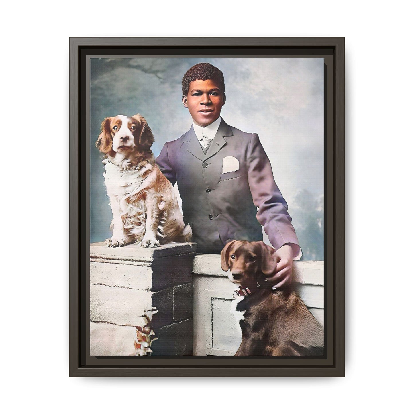 A restored vintage portrait of Marcus with his dogs, Buster and Ellis, in Charlotte, North Carolina. This framed matte canvas print captures the elegance of Southern charm and the enduring bond between a man and his loyal companions. Vintage Dog Portrait