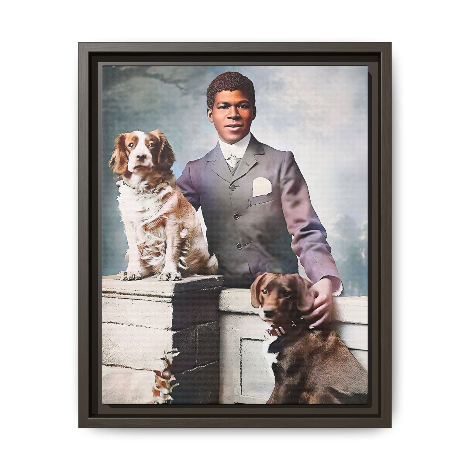 A restored vintage portrait of Marcus with his dogs, Buster and Ellis, in Charlotte, North Carolina. This framed matte canvas print captures the elegance of Southern charm and the enduring bond between a man and his loyal companions. Vintage Dog Portrait