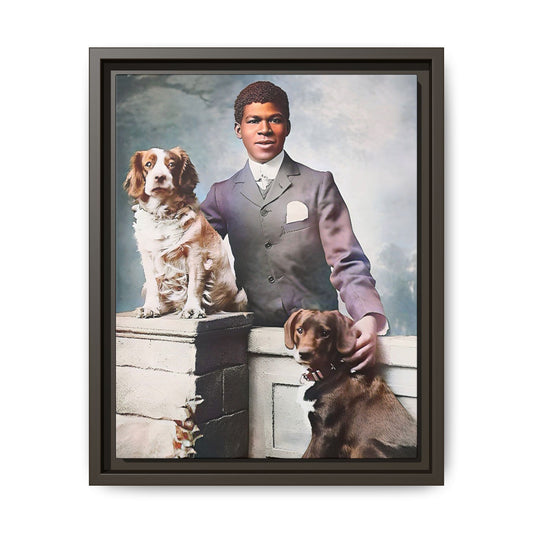 A restored vintage portrait of Marcus with his dogs, Buster and Ellis, in Charlotte, North Carolina. This framed matte canvas print captures the elegance of Southern charm and the enduring bond between a man and his loyal companions. Vintage Dog Portrait
