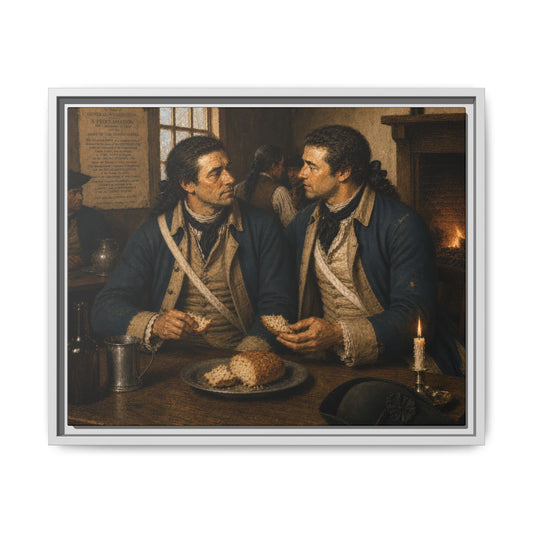 Museum-inspired Revolutionary War canvas showing Continental soldiers sharing bread and conversation near a hearth after Yorktown.