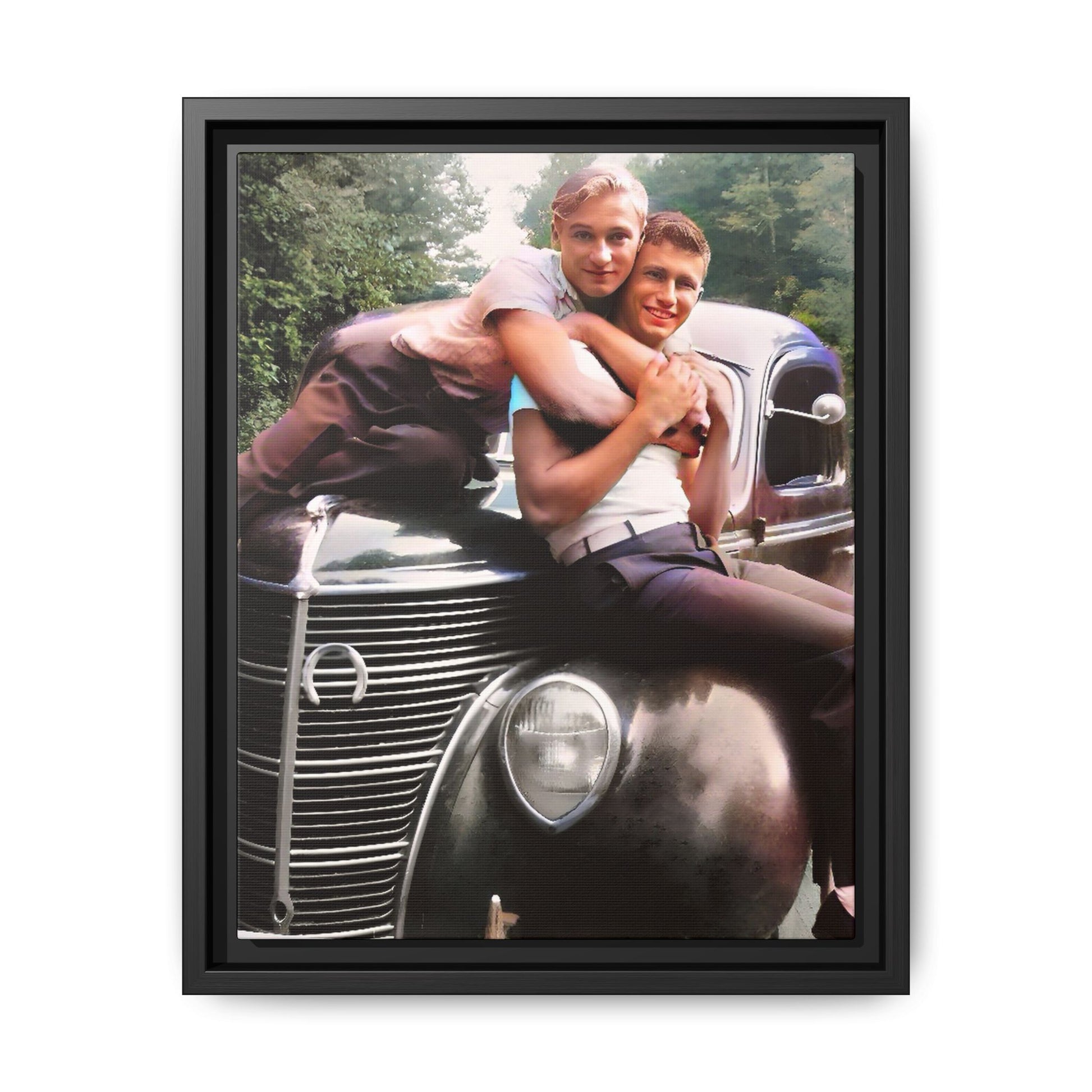 Vintage LGBTQ+ love portrait of Kent & Jamie in Watkins Glen, NY. A nostalgic moment on a classic car, now a museum-quality matte canvas print with handcrafted frame options. Perfect for collectors and those celebrating LGBTQ+ history. Gay Couple