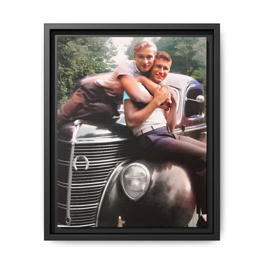 Vintage LGBTQ+ love portrait of Kent & Jamie in Watkins Glen, NY. A nostalgic moment on a classic car, now a museum-quality matte canvas print with handcrafted frame options. Perfect for collectors and those celebrating LGBTQ+ history. Gay Couple