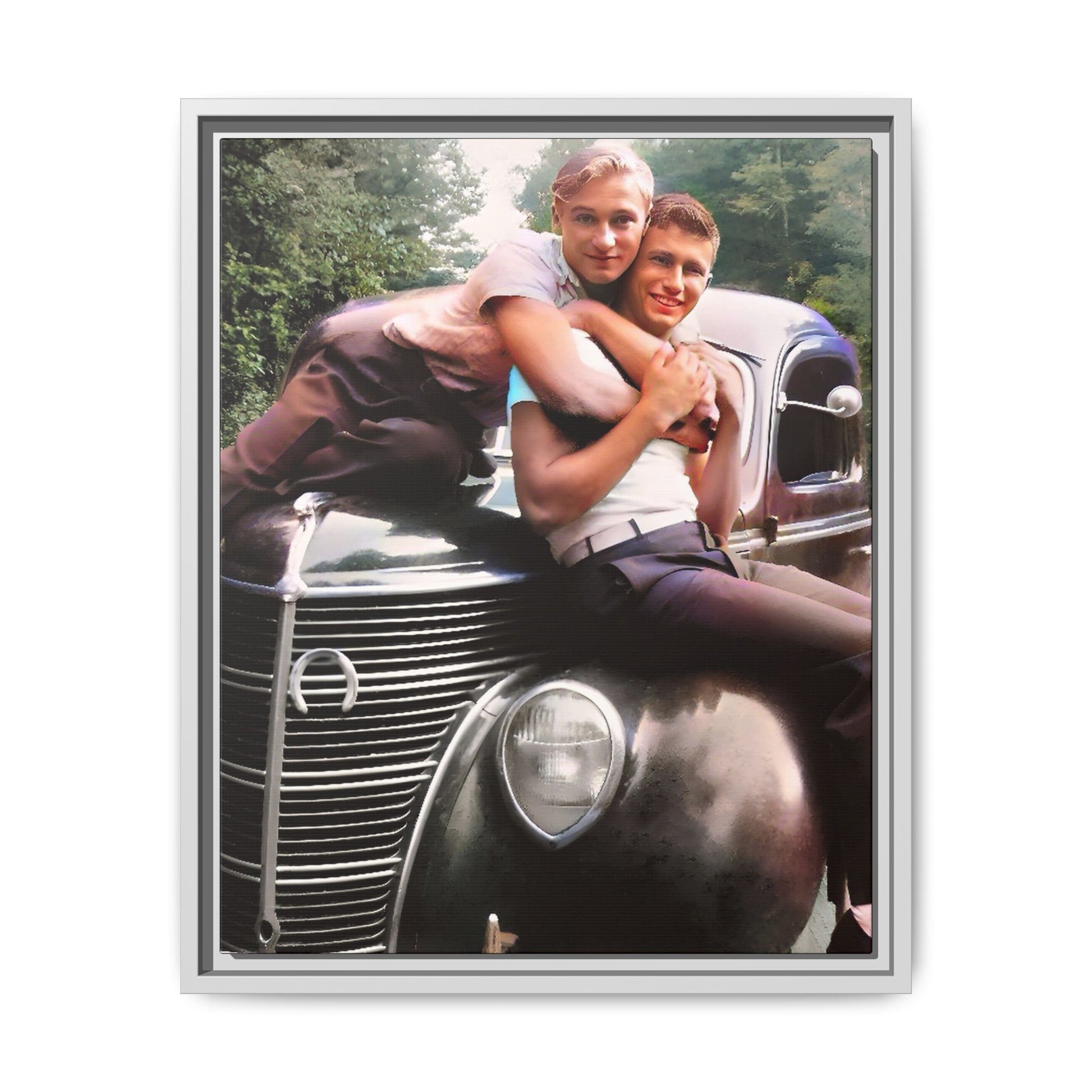 Vintage LGBTQ+ love portrait of Kent & Jamie in Watkins Glen, NY. A nostalgic moment on a classic car, now a museum-quality matte canvas print with handcrafted frame options. Perfect for collectors and those celebrating LGBTQ+ history. Gay Couple