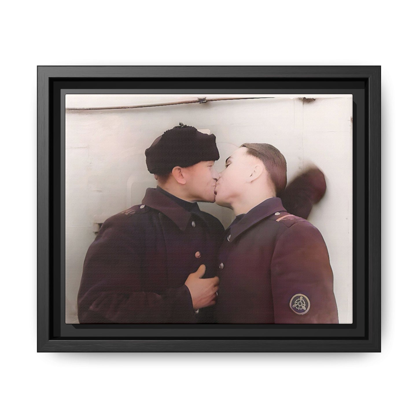A restored vintage photograph of two Russian soldiers in uniform sharing an intimate moment at a military outpost in Surgut, Russia. Their embrace reflects resilience, love, and defiance against societal norms, making this a powerful tribute to LGBTQ+ history and wartime romance. Винтажное фото | гей-пара
