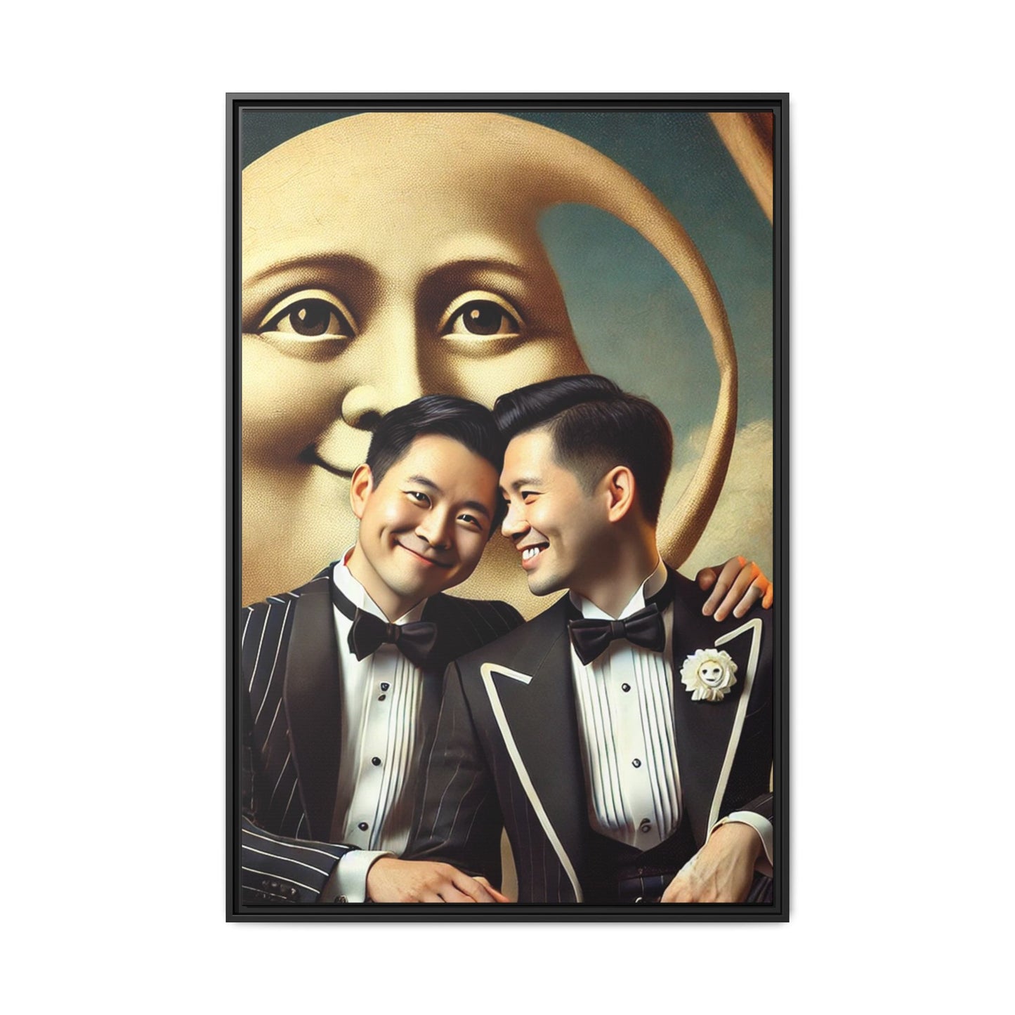 Framed matte canvas featuring a joyful queer Asian couple in tuxedos standing beneath a crescent moon. This artwork, part of the Missing Art Studies series, reimagines erased queer histories with warmth, dignity, and vintage-inspired style.