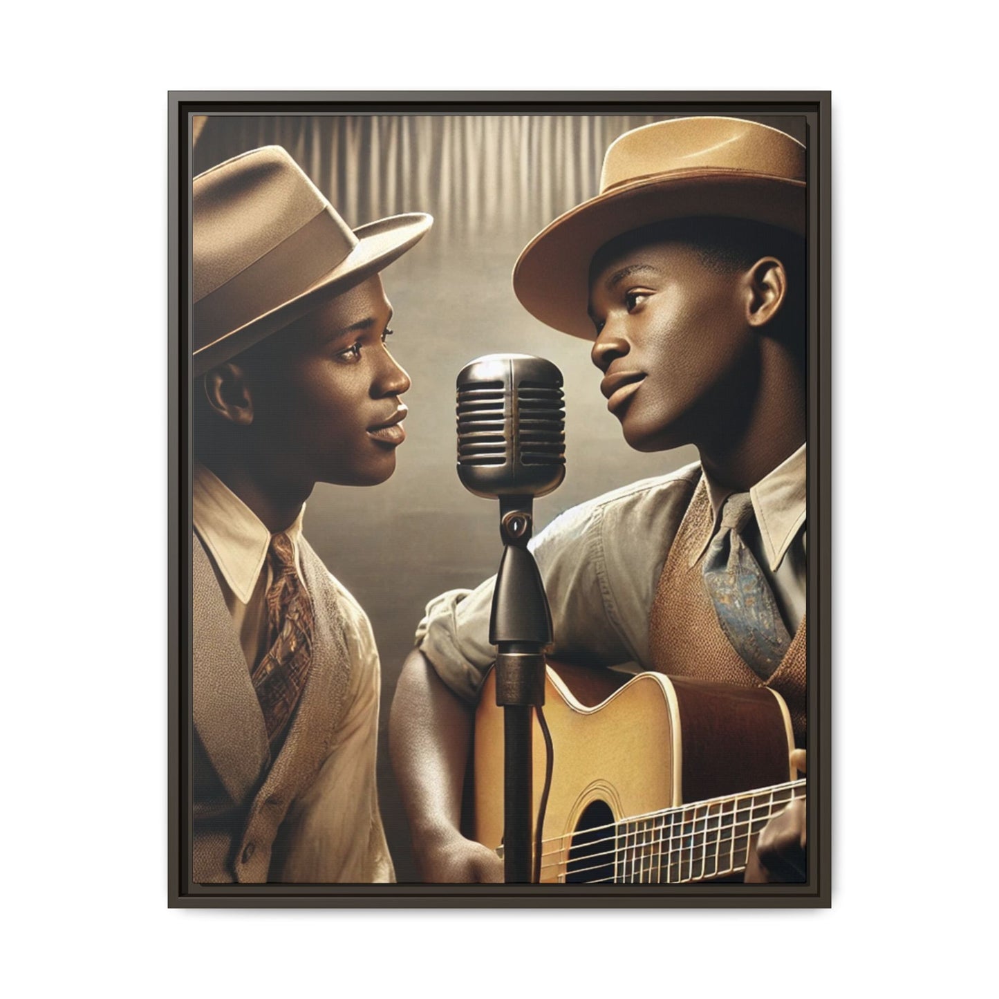 Artwork of an African-American gay couple recording a song in a 1930s-style studio. Dressed in vintage attire with fedoras and ties, they share a close, tender moment around a classic microphone, capturing love, music, and cultural heritage in a nostalgic setting