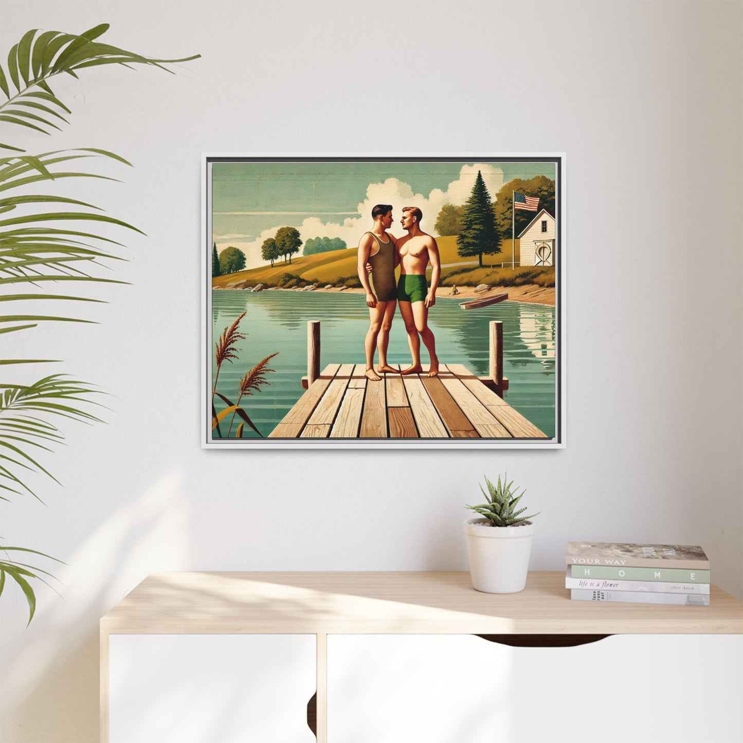 Framed artwork of a gay couple sharing a tender moment on a wooden dock by a peaceful lake, dressed in vintage swimwear. Set against rolling hills and a lakeside cabin, this nostalgic scene honors LGBTQ+ love in a serene Midwestern summer setting.