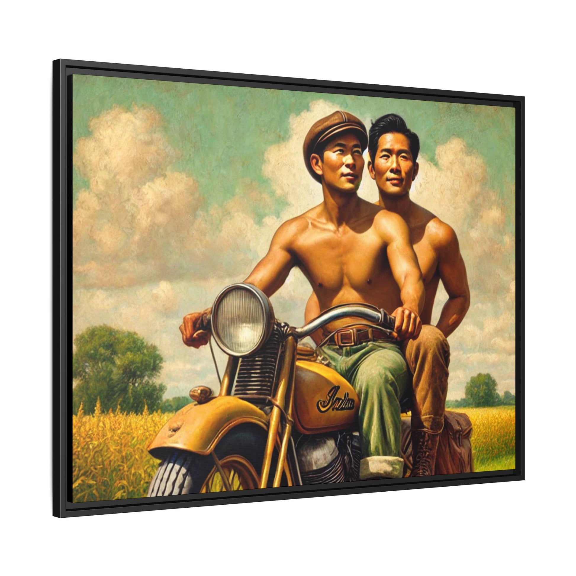 Framed artwork of an Asian-American gay couple riding a vintage yellow motorcycle through Iowa's serene countryside, celebrating love and unity.