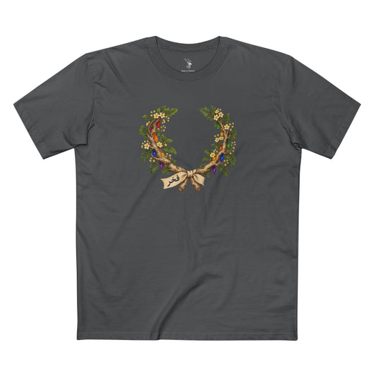Omani frankincense wreath with twisted branches, green leaves, cream blossoms, resin tears in six Pride colors, and an ivory ribbon bearing فخر.