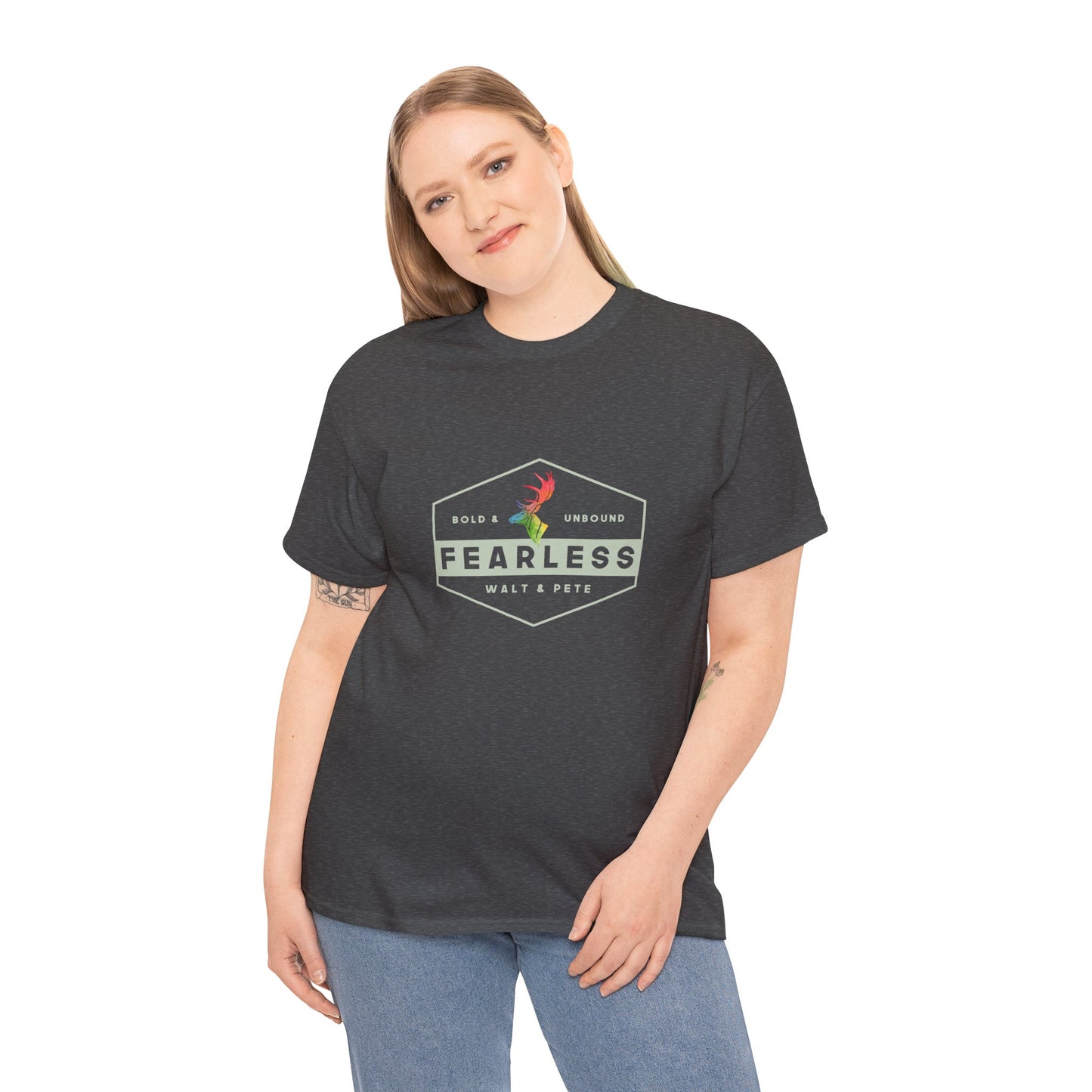 Unisex gr cotton t-shirt with a hexagon badge design reading “Fearless” and “Bold & Unbound,” featuring a rainbow antler—symbolizing LGBTQ+ pride and fearless queer identity