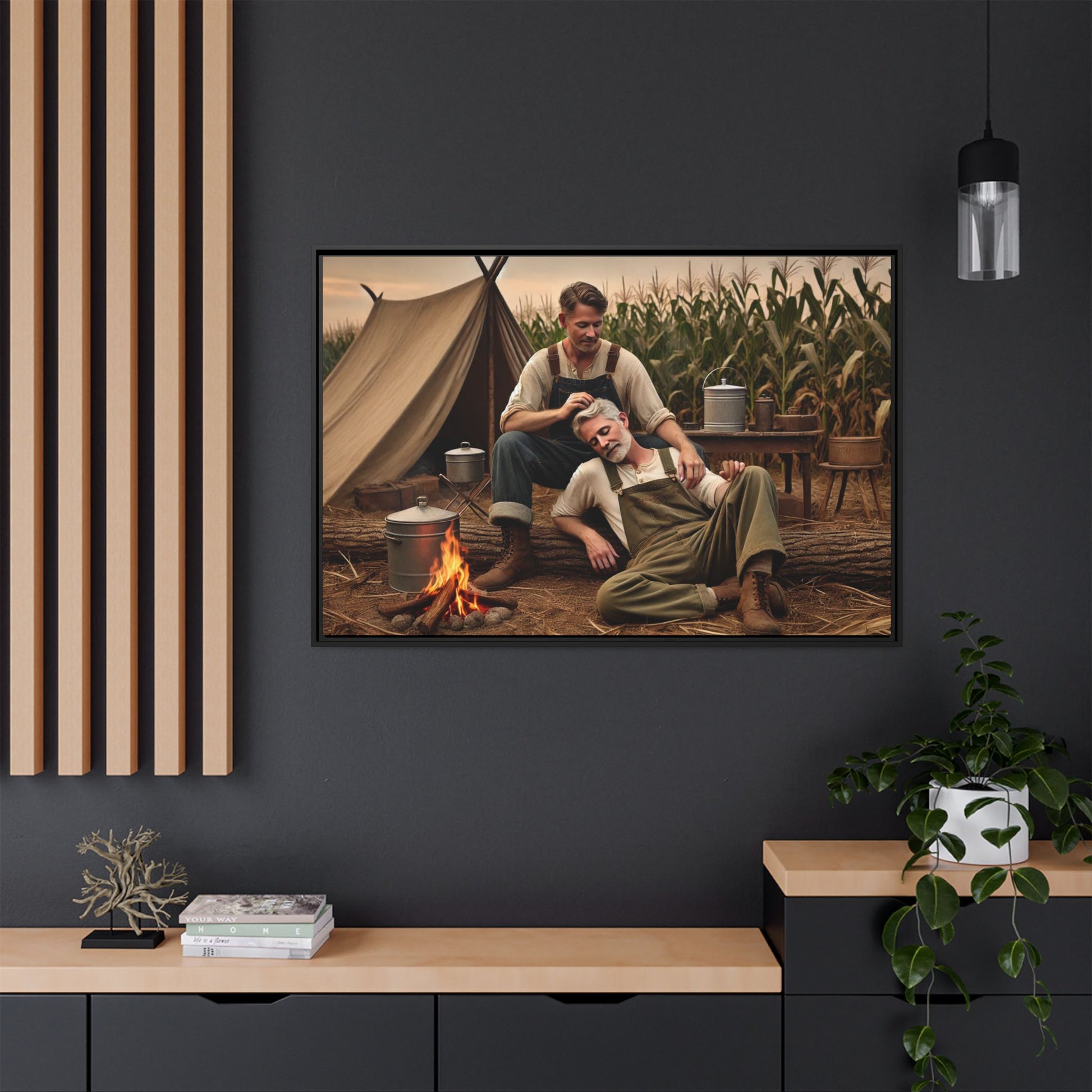 Older queer couple sharing a tender moment by the campfire, celebrating love