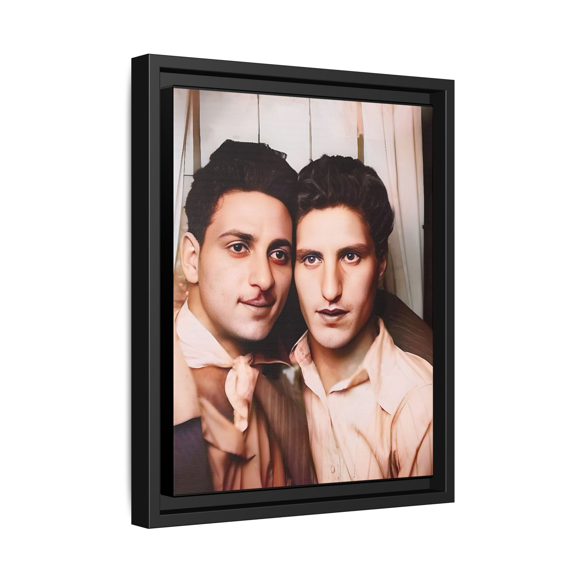 A framed vintage photo booth portrait on matte canvas featuring Juan and Lawrence in Santa Monica, California, capturing timeless LGBTQ+ love and companionship. Gay Couple