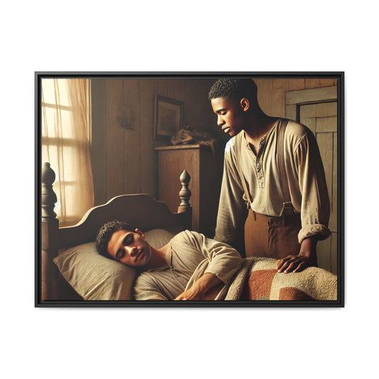 Grant 007 artwork depicting an African-American queer couple in a tender, intimate moment within a rustic bedroom. This scene, bathed in warm, nostalgic light, captures the love and quiet resilience of rural life, celebrating LGBTQ+ representation and African-American heritage.