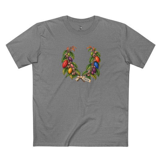 Ghanaian cocoa botanical laurel wreath with colorful Pride pods and dark PRIDE text for light shirts