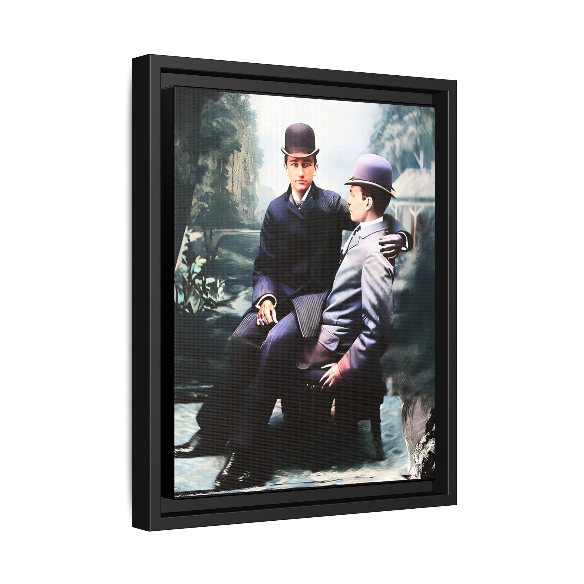 Restored 1800s photo of Cash & Arwood, Irish gay couple in loving pose, framed canvas print