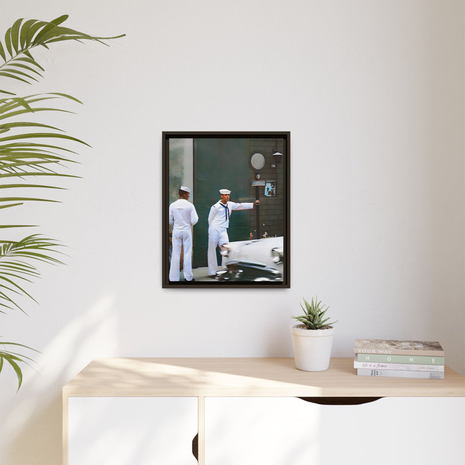 A restored vintage portrait of two sailors in Boystown, Northalsted, Chicago. This framed matte canvas celebrates LGBTQ+ history, urban charm, and community pride.