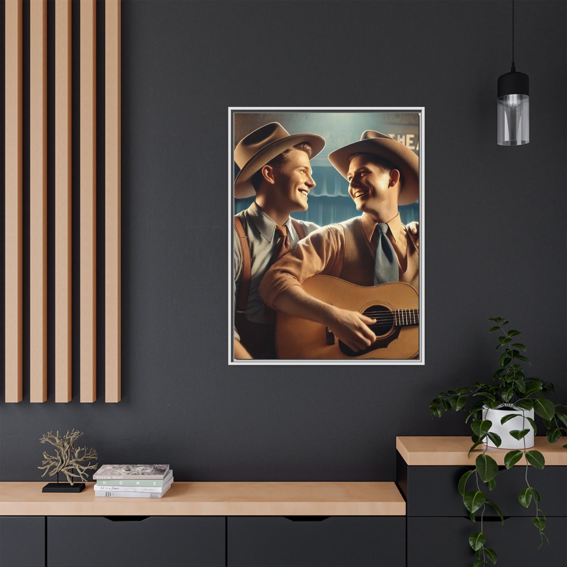 Artwork of a gay couple recording a country-western song in a 1930s-style studio. Dressed in classic Western attire with wide-brimmed hats and button-up shirts, the two men share an affectionate gaze, capturing love and unity in a nostalgic, vintage setting.