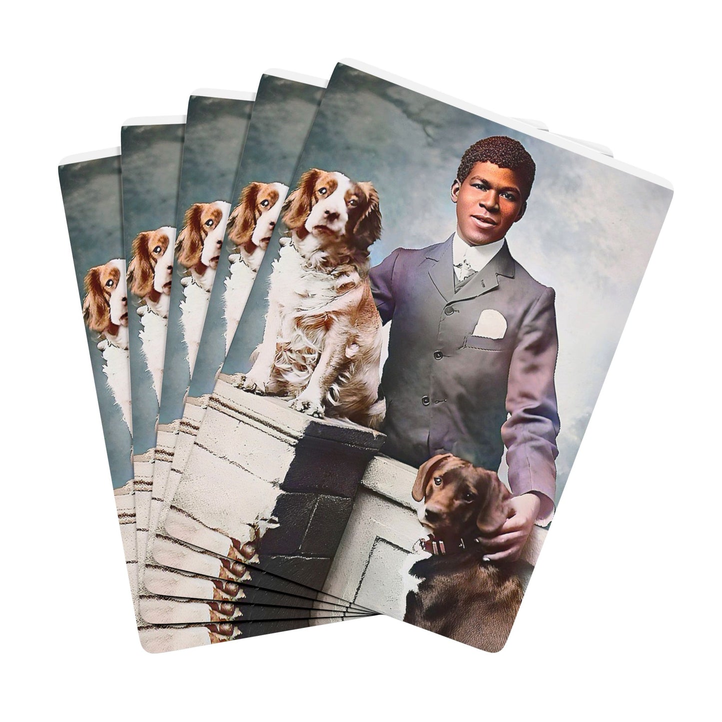 Vintage photo of an African American man in a sharp suit, posed confidently with his two loyal dogs, symbolizing grace and dignity.