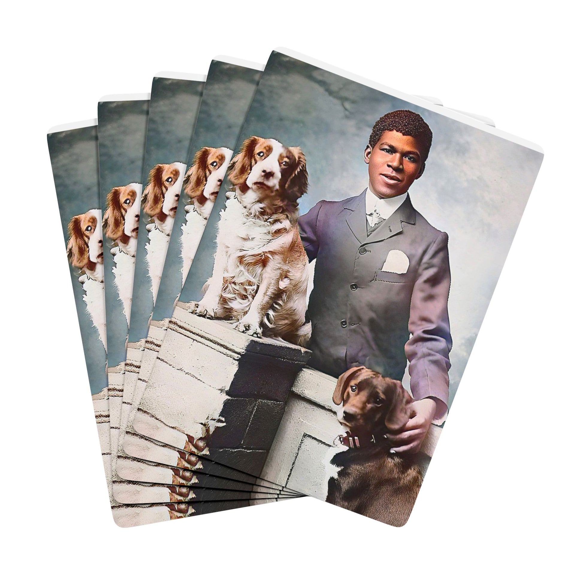 Vintage photo of an African American man in a sharp suit, posed confidently with his two loyal dogs, symbolizing grace and dignity.