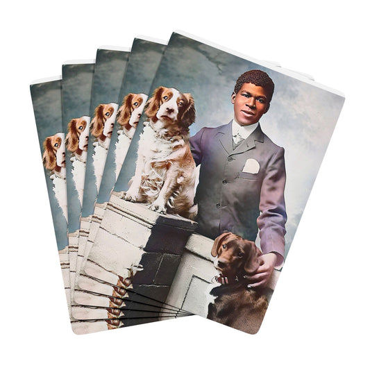 Vintage photo of an African American man in a sharp suit, posed confidently with his two loyal dogs, symbolizing grace and dignity.