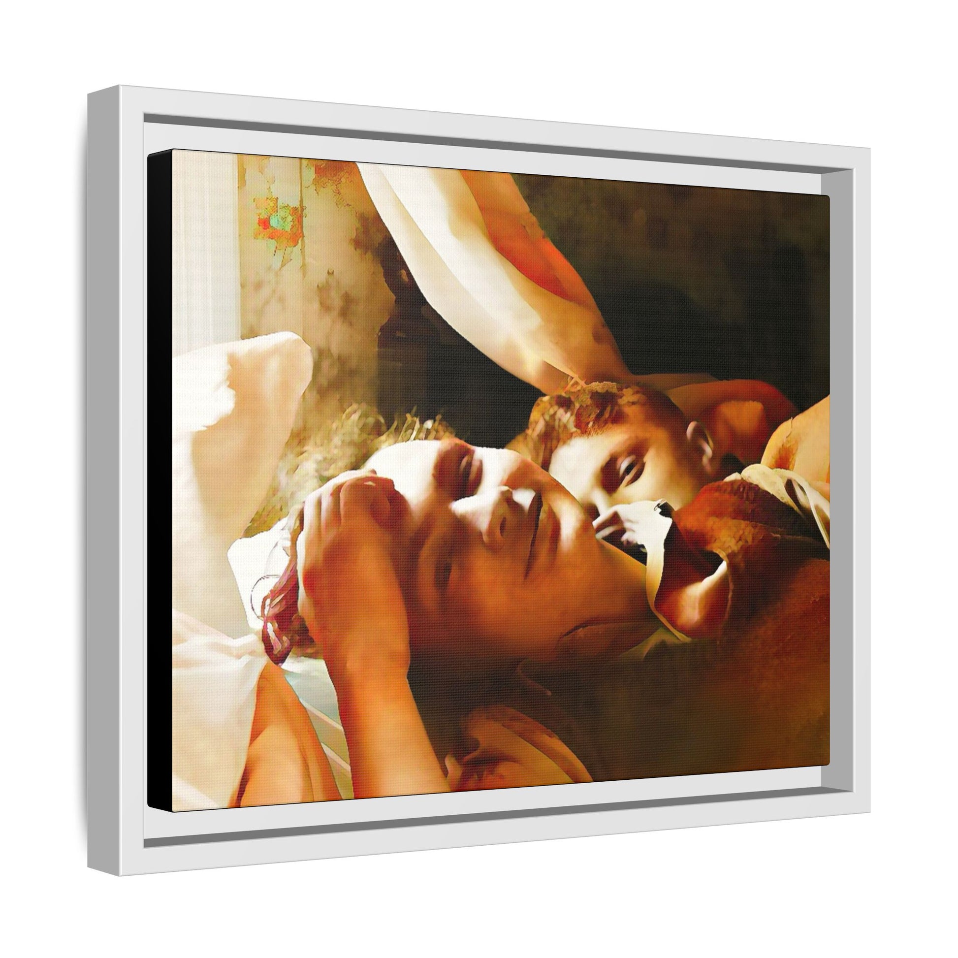 A heartwarming vintage portrait of Edwin and Floyd in Burlington, Vermont. This framed canvas print captures a quiet moment of LGBTQ+ love and intimacy, perfect for home decor, collectors, or as a sentimental gift celebrating timeless affection.