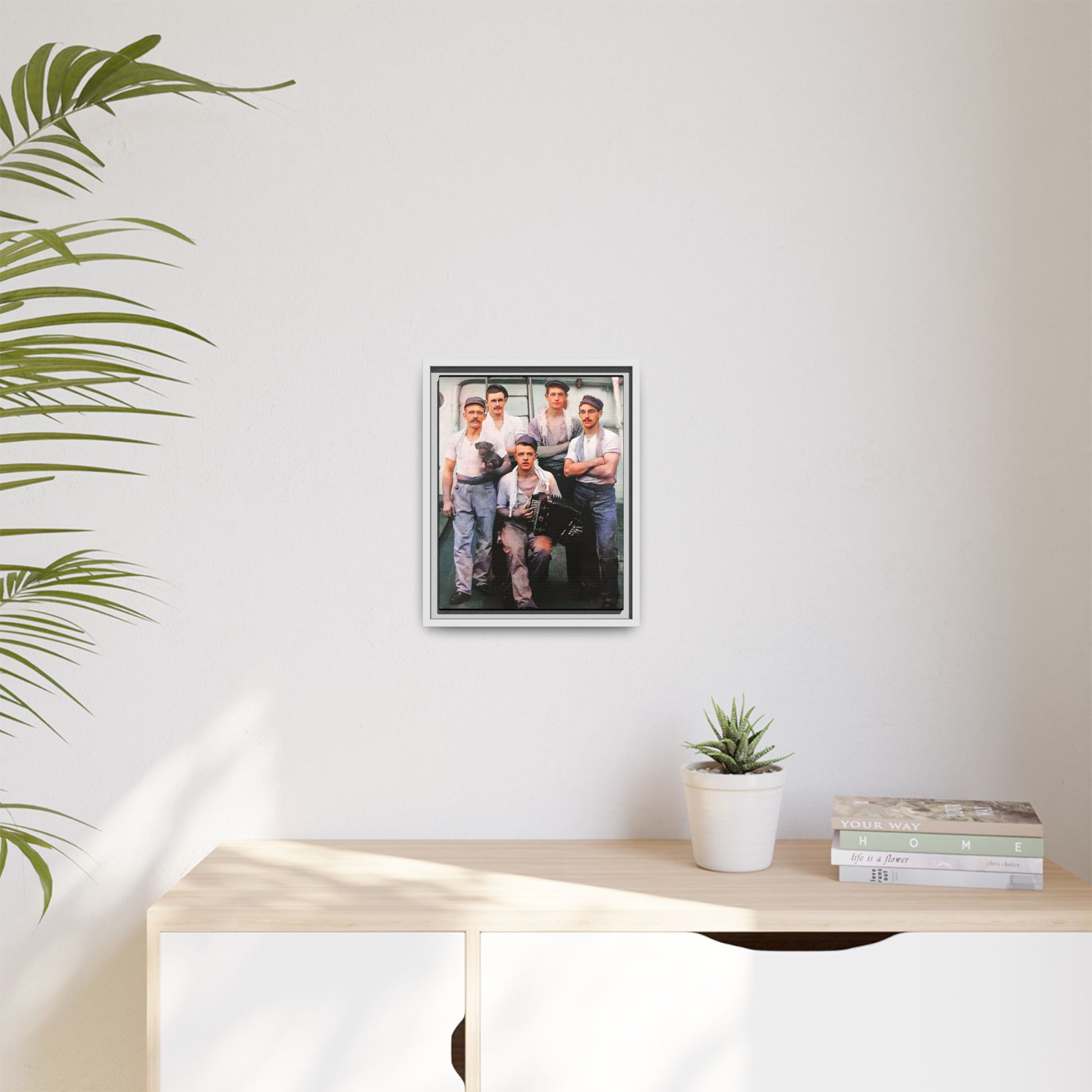 A vintage maritime photograph printed on matte canvas, featuring sailors aboard the Waimarino Cargo Ship, highlighting companionship, tradition, and the spirit of life at sea.