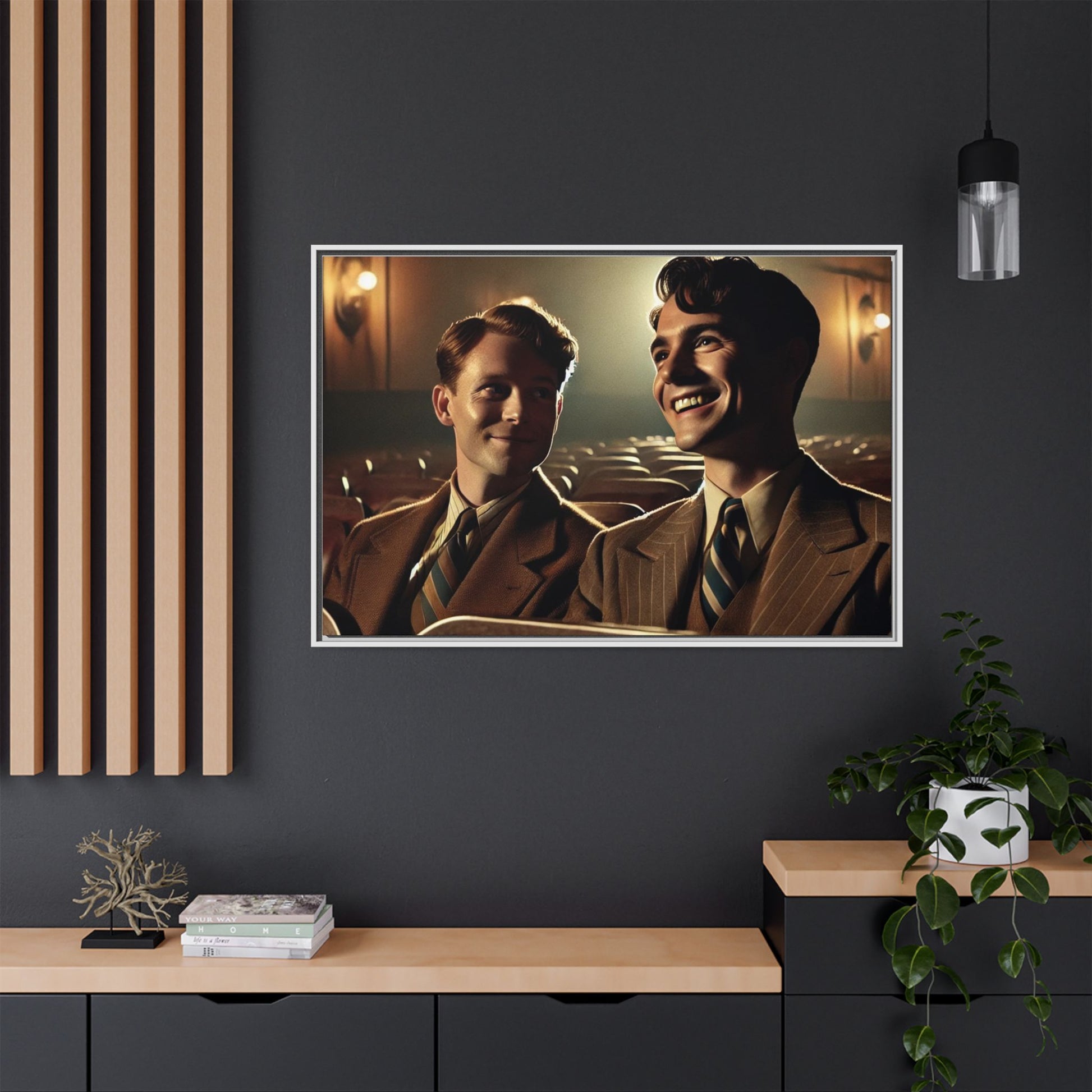 Vintage-style photo of two young men sharing an intimate moment on a date in a 1930s movie theater. Dressed in classic pinstripe suits, their smiles and close connection evoke the warmth and charm of the era, celebrating LGBTQ+ history and timeless romance.
