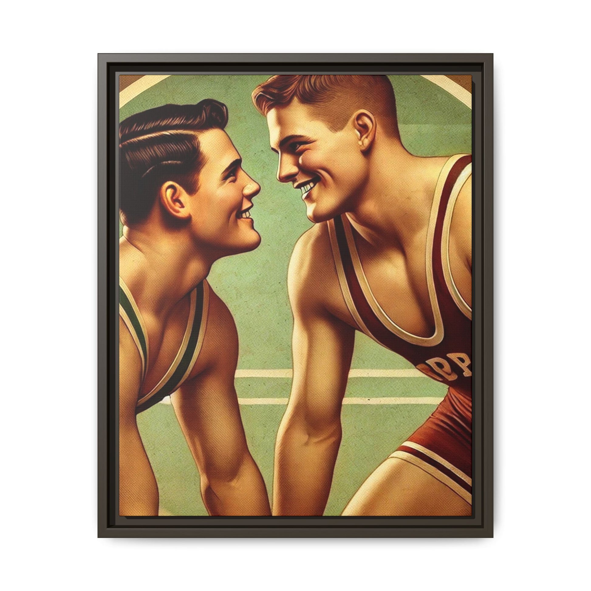 Framed artwork of two young wrestlers in vintage singlets on a stylized mat, inspired by Grant Wood's nostalgic Americana style.
