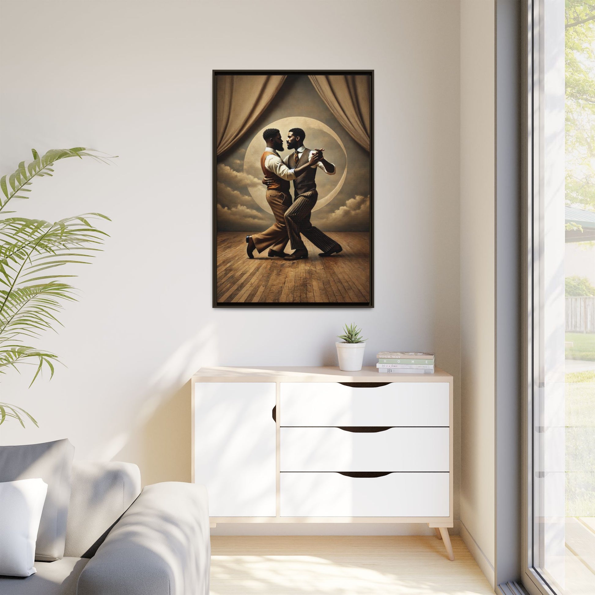 Original artwork of two Black men ballroom dancing in vintage 1920s suits under a glowing moon backdrop. A romantic and powerful tribute to queer love and Black history that reclaims moments lost to systemic bias and cultural erasure.