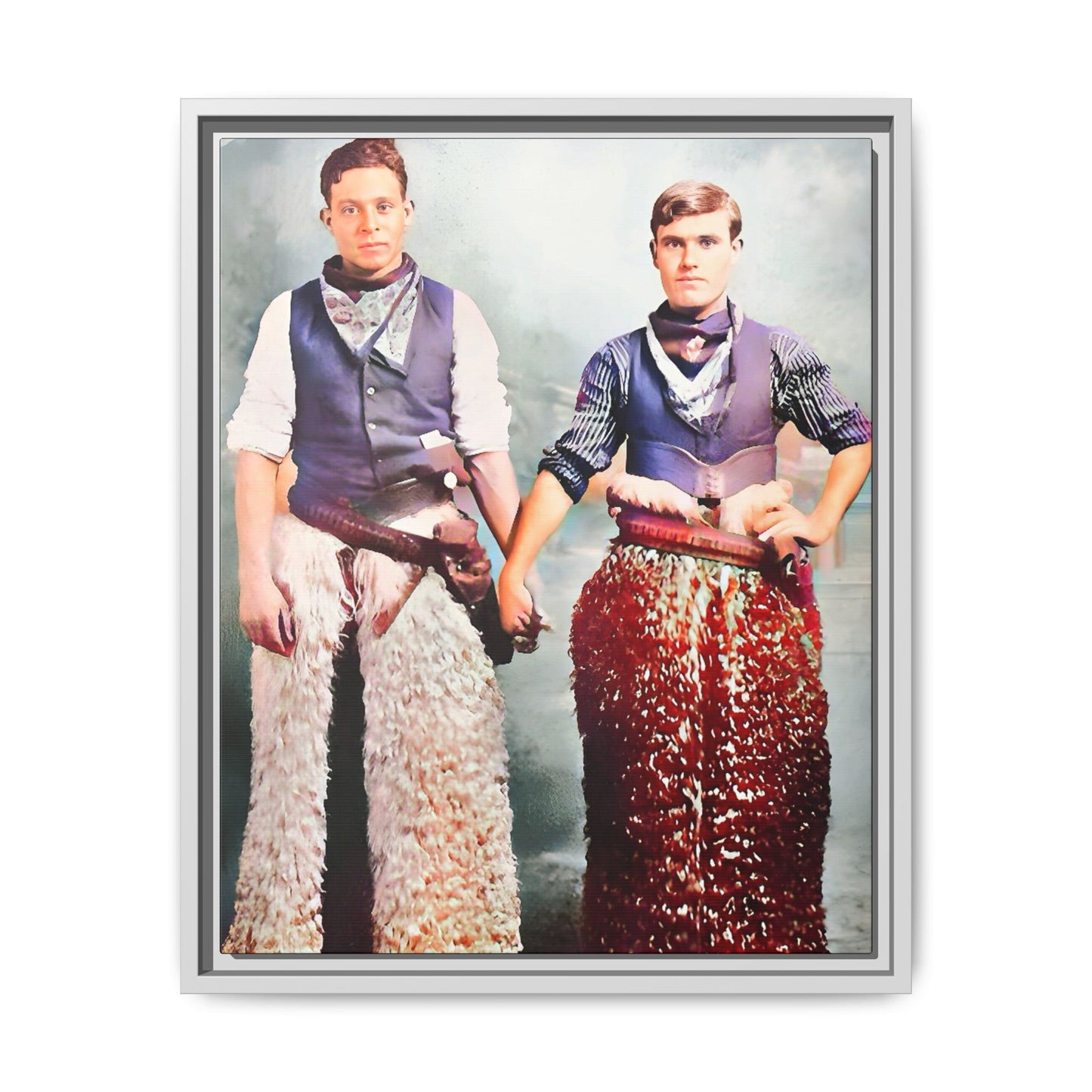 Restored colorized vintage photo of two cowboys, Kline & Autry, holding hands in Carson City, early 20th century. Gay Couple