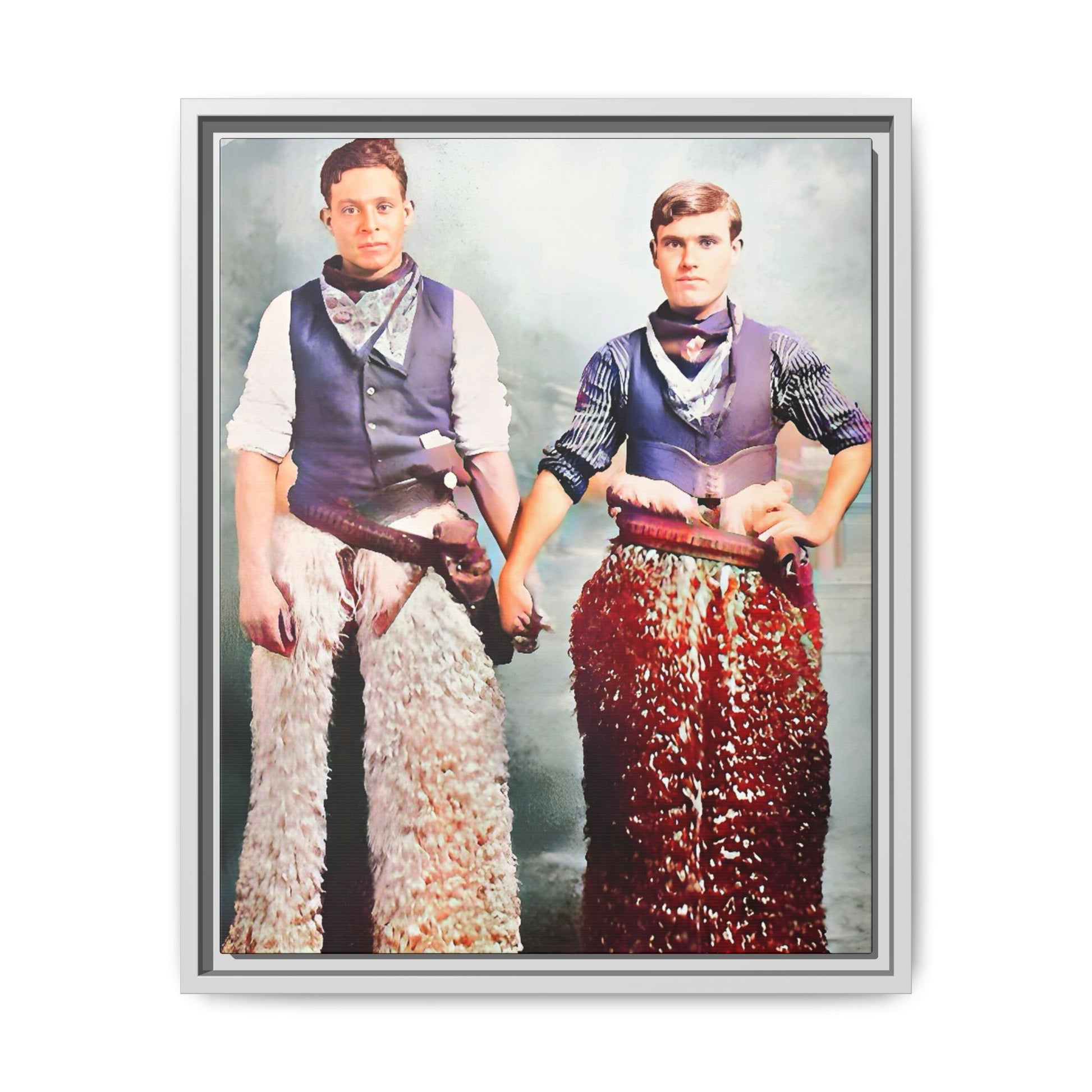 Restored colorized vintage photo of two cowboys, Kline & Autry, holding hands in Carson City, early 20th century. Gay Couple