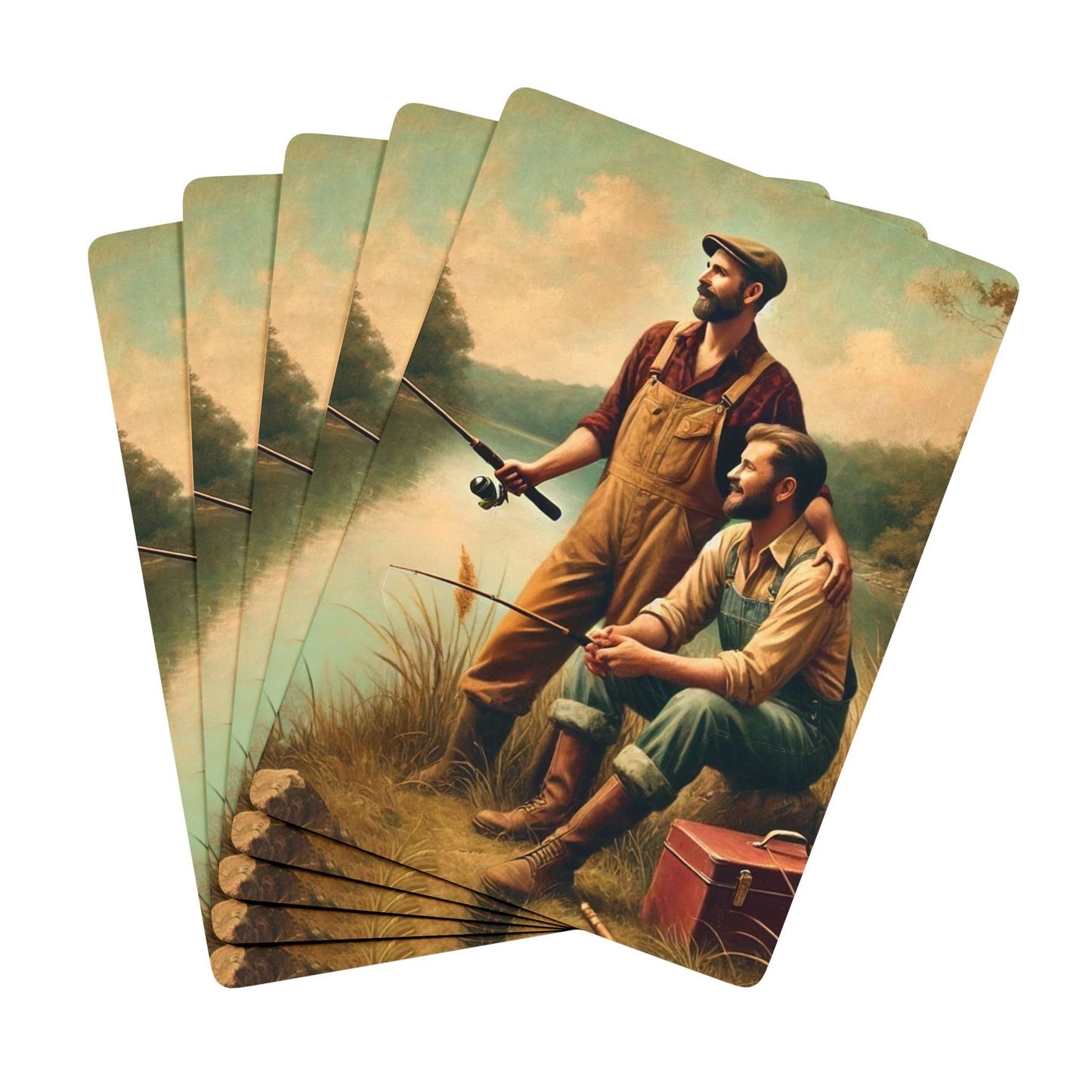 A peaceful 1920s riverbend scene featuring two men in overalls pausing their fishing trip, sharing a quiet moment of companionship and Queer love, honoring hidden LGBTQ+ histories in rural America. Gay Couple