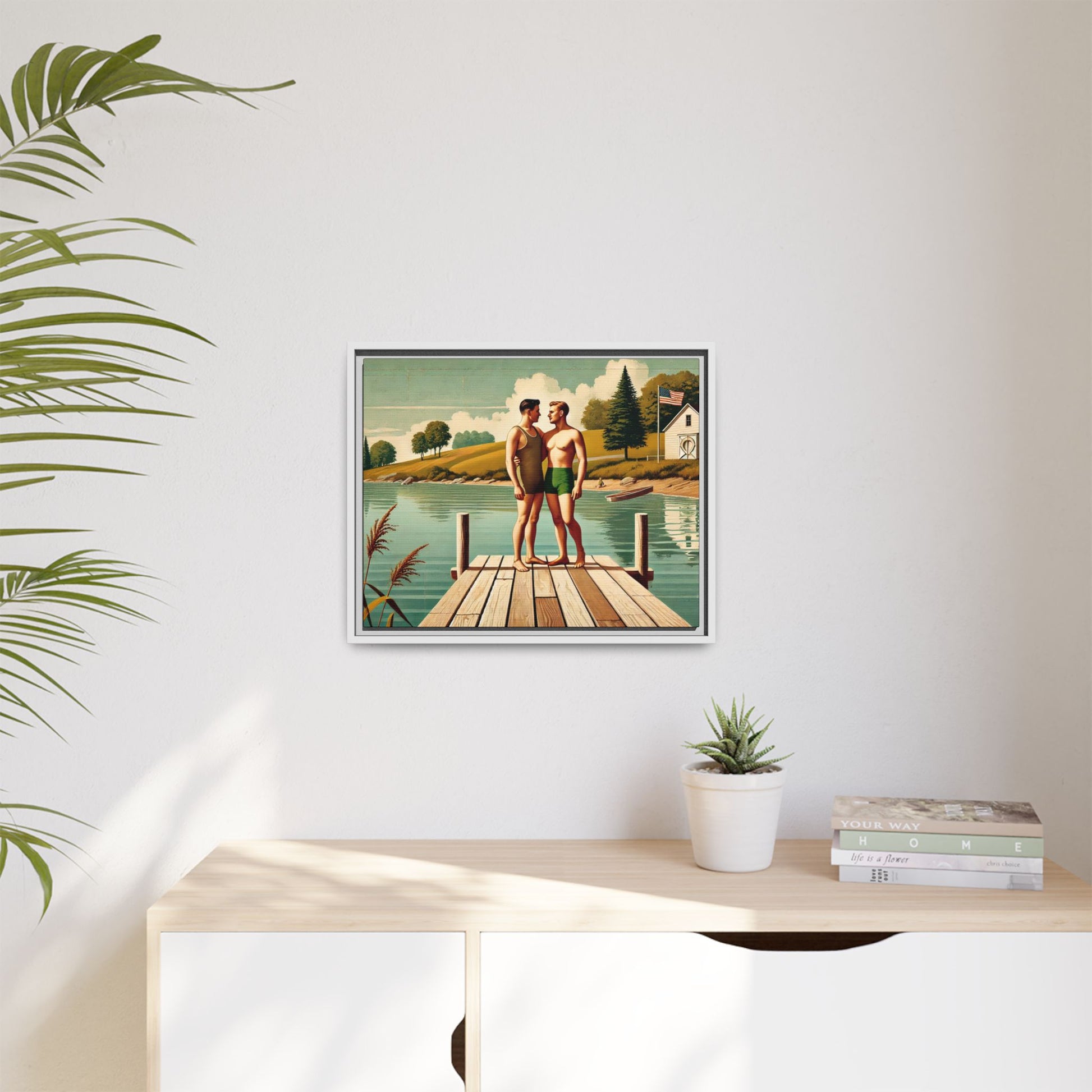 Framed artwork of a gay couple sharing a tender moment on a wooden dock by a peaceful lake, dressed in vintage swimwear. Set against rolling hills and a lakeside cabin, this nostalgic scene honors LGBTQ+ love in a serene Midwestern summer setting.