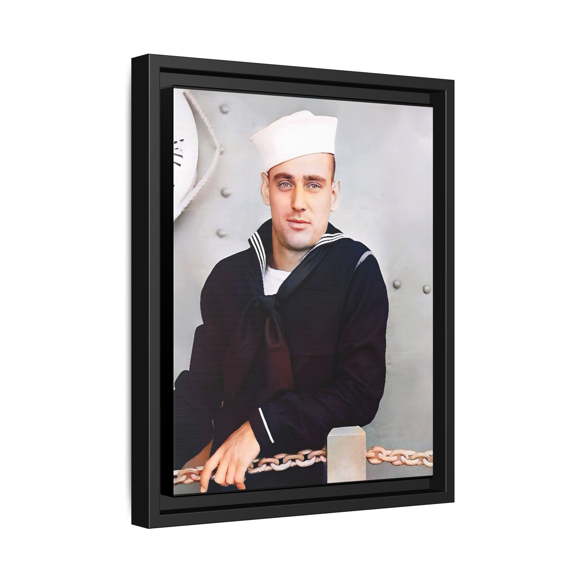 A restored vintage portrait of Francis aboard the USS Might. This framed matte canvas captures naval history, service, and timeless duty.